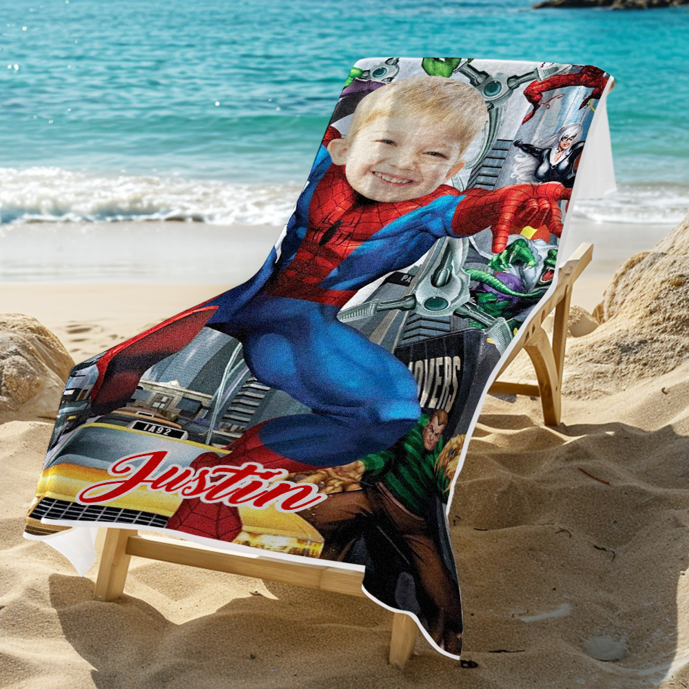 Custom Photo Beach Towel, Running Spider-Man Swimming Towel, Quick Dry Bath Towel