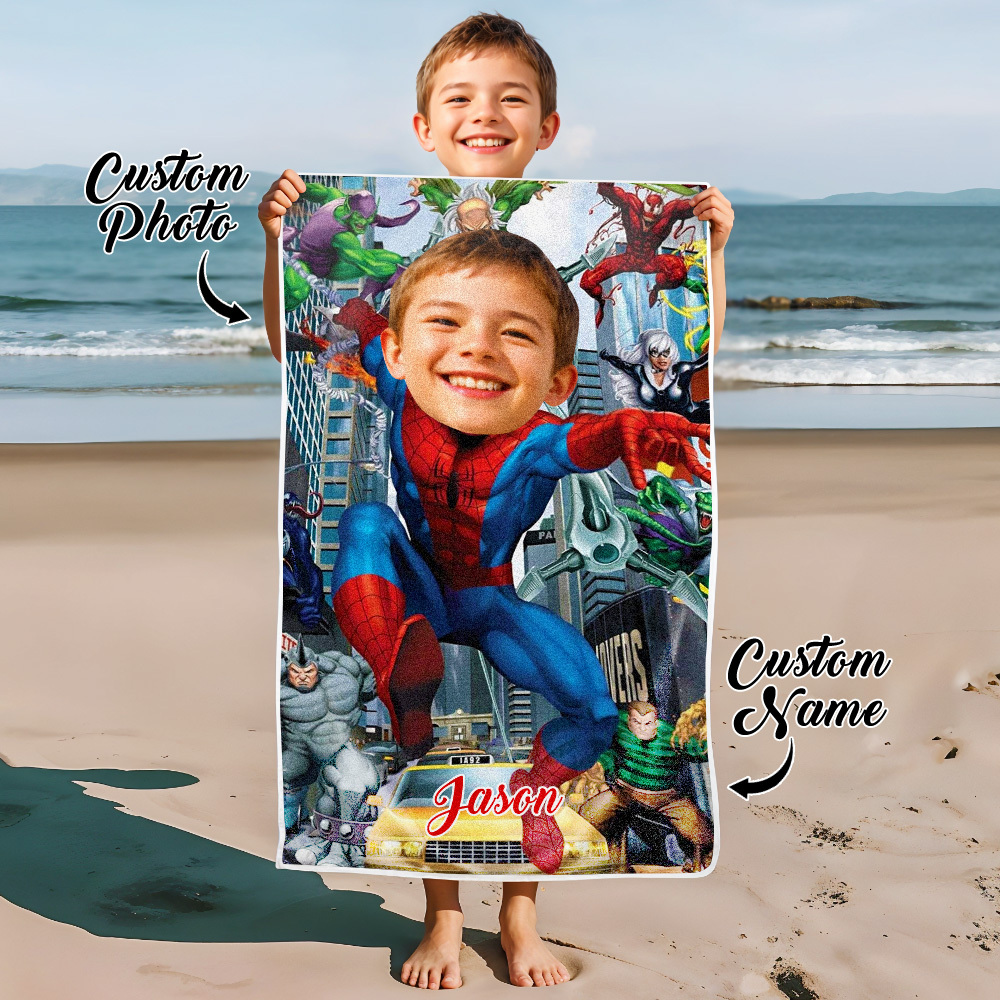 Custom Photo Beach Towel, Running Spider-Man Swimming Towel, Quick Dry Bath Towel