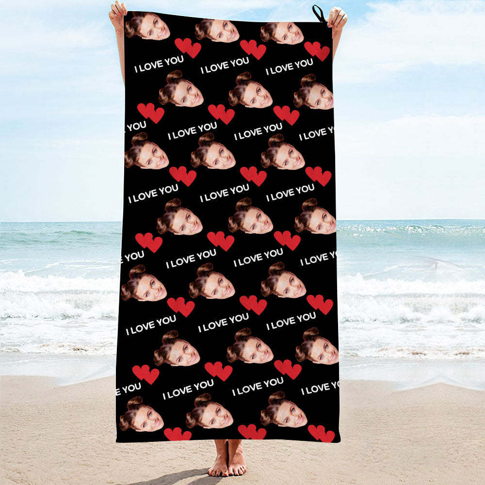 Custom Face I Love You Beach Towel Personalized Photo Beach Towel Funny Gift