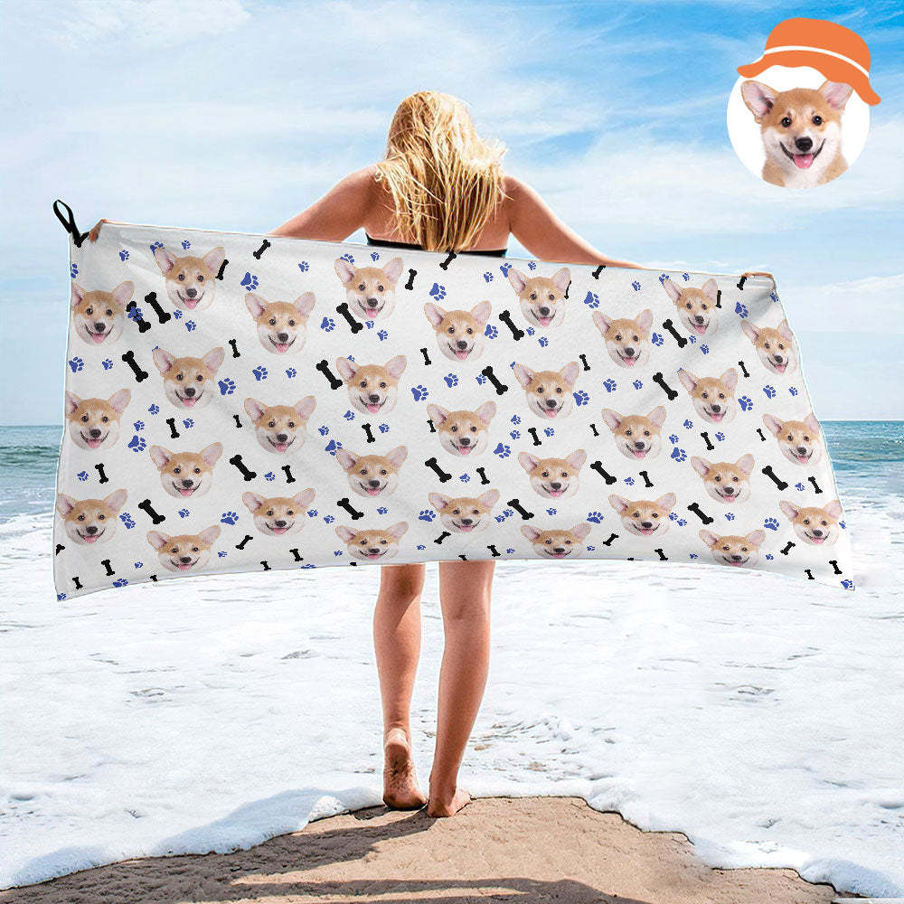 Custom Dog Faces Paw and Bone Beach Towel Personalized Photo Beach Towel Funny Gift