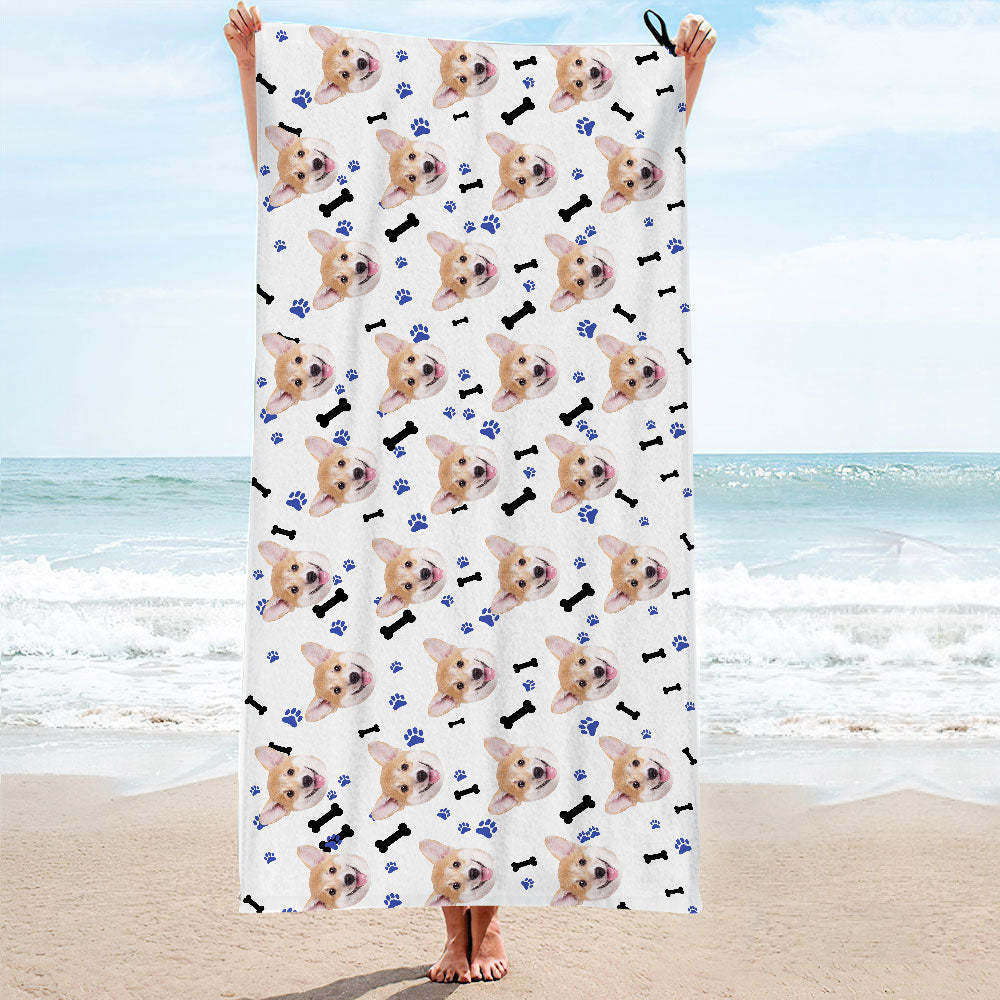 Custom Dog Faces Paw and Bone Beach Towel Personalized Photo Beach Towel Funny Gift