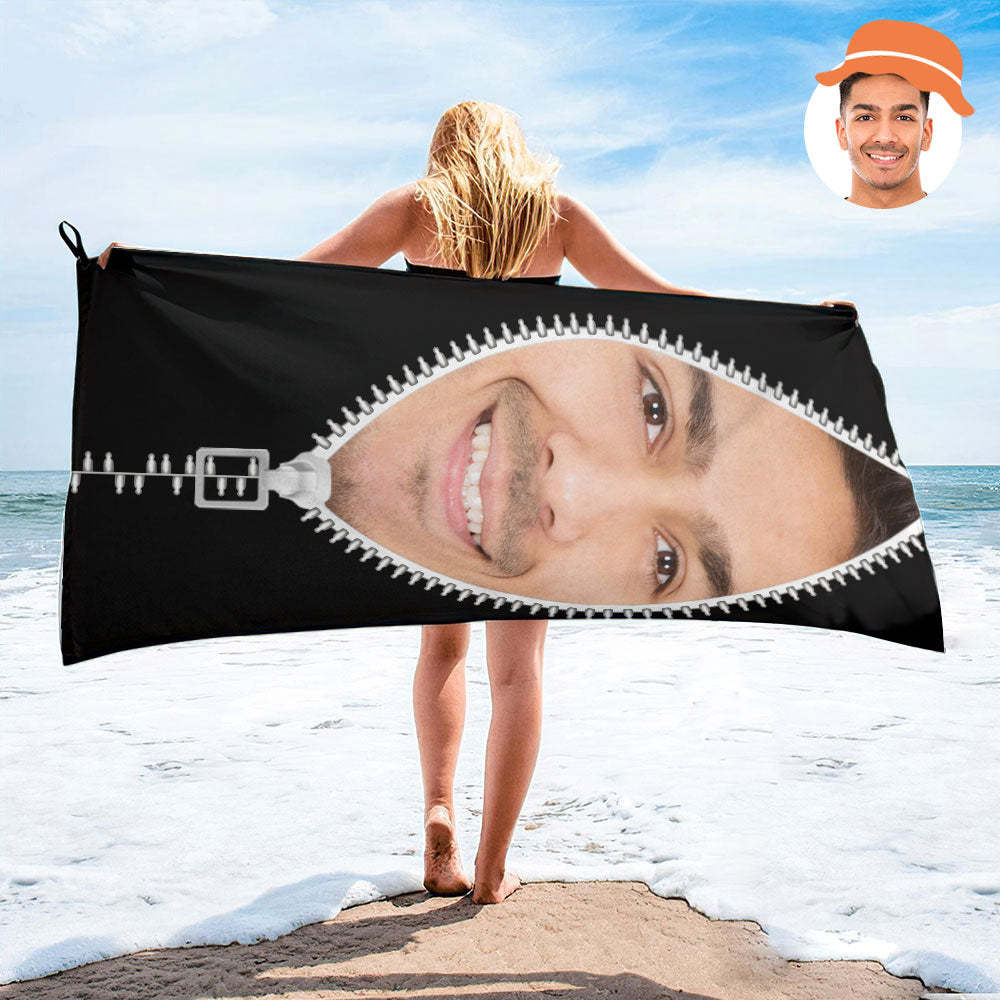 Custom Faces Zipper Beach Towel Personalized Photo Beach Towel Funny Gift