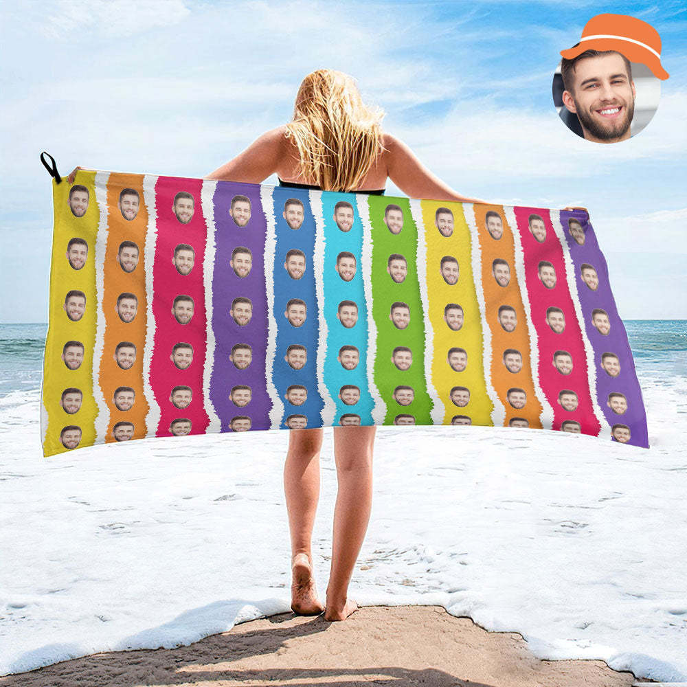 Custom Face Rainbow Cake Beach Towel Personalized Photo Beach Towel Funny Gift