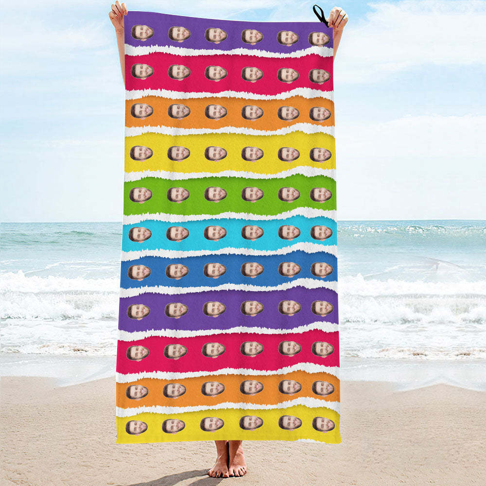 Custom Face Rainbow Cake Beach Towel Personalized Photo Beach Towel Funny Gift