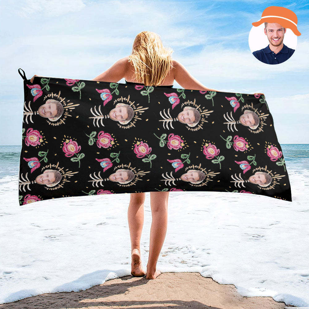 Custom Face Bone Flowers Beach Towel Personalized Photo Beach Towel Funny Gift