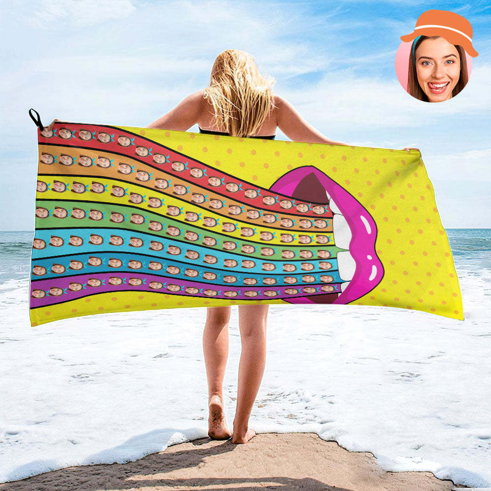 Custom Face Rainbow Tongue Beach Towel Personalized Photo Beach Towel Funny Gift