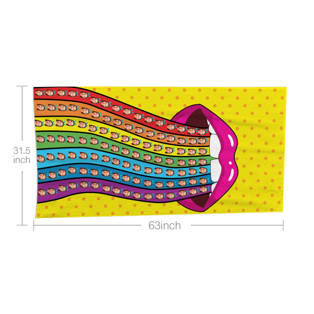 Custom Face Rainbow Tongue Beach Towel Personalized Photo Beach Towel Funny Gift