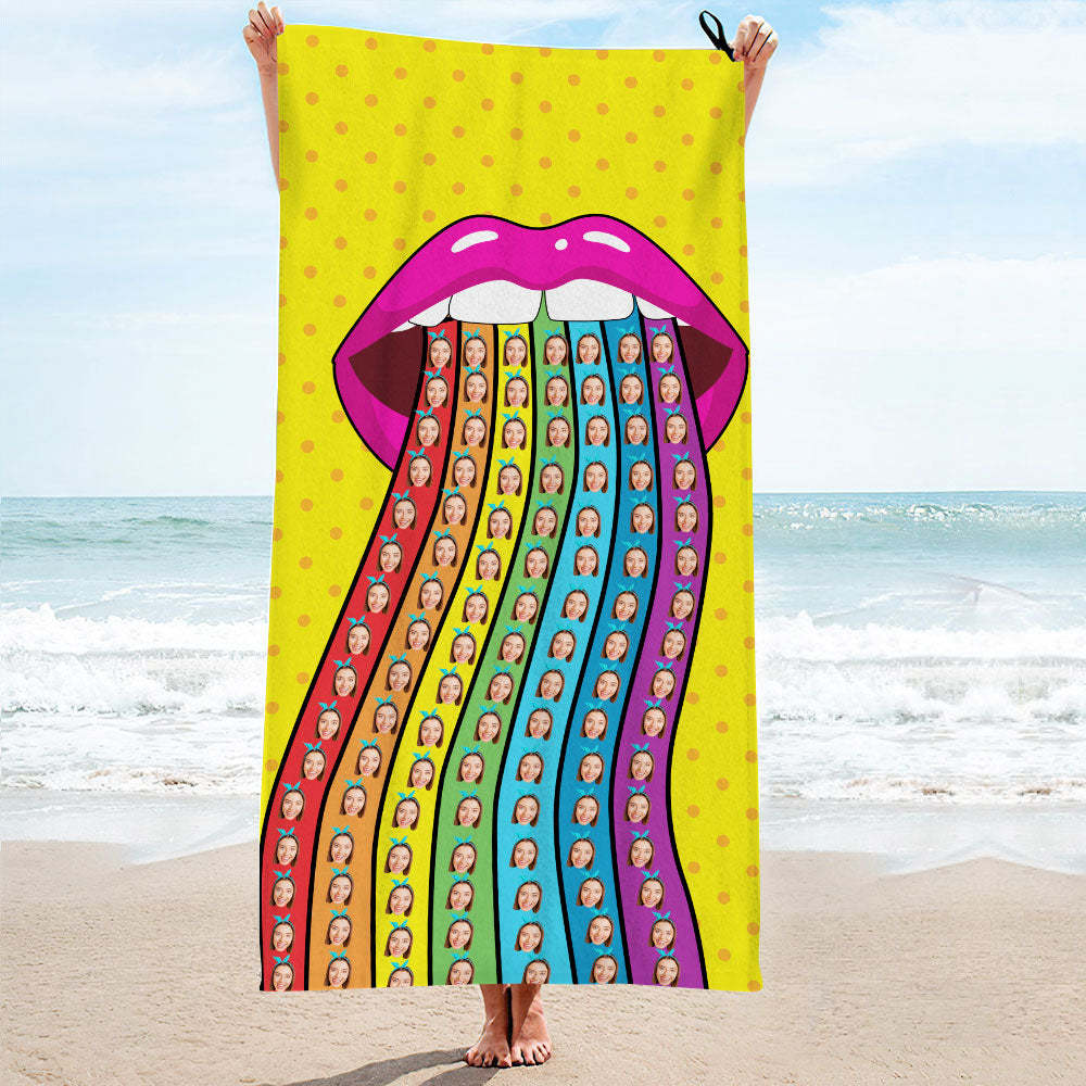 Custom Face Rainbow Tongue Beach Towel Personalized Photo Beach Towel Funny Gift