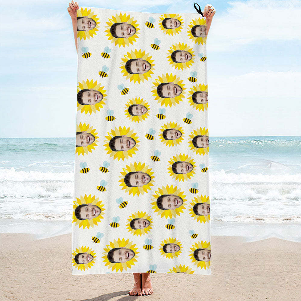 Custom Face White Sunflower Beach Towel Personalized Photo Beach Towel Funny Gift