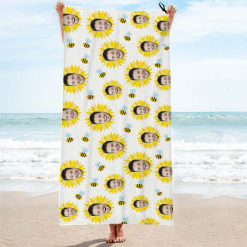 Custom Face White Sunflower Beach Towel Personalized Photo Beach Towel Funny Gift