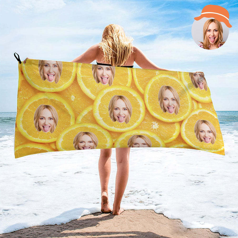 Custom Face Orange Beach Towel Personalized Photo Beach Towel Funny Gift