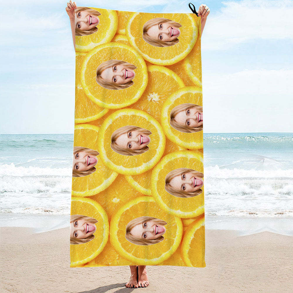 Custom Face Orange Beach Towel Personalized Photo Beach Towel Funny Gift