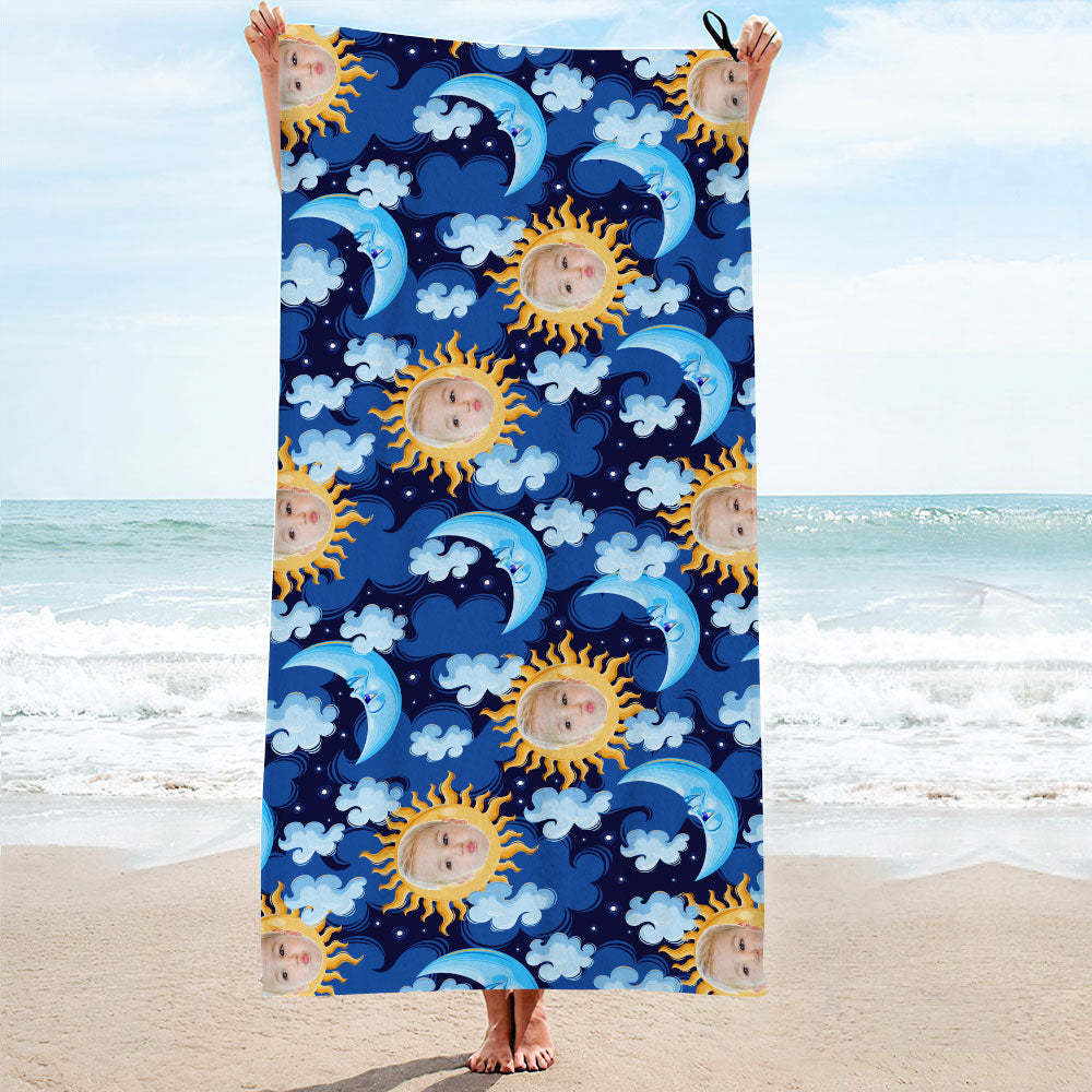 Custom Face Blue Moon Beach Towel Personalized Photo Beach Towel Funny Gift