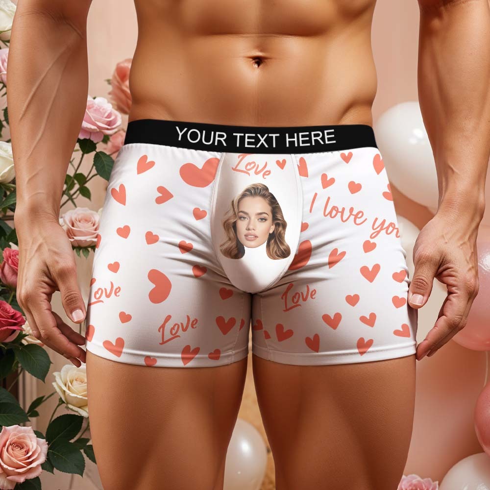 Custom Men's Face Boxer Underwear Personalized Boxer Briefs with Heart Pattern Special Present for Valentine's Day