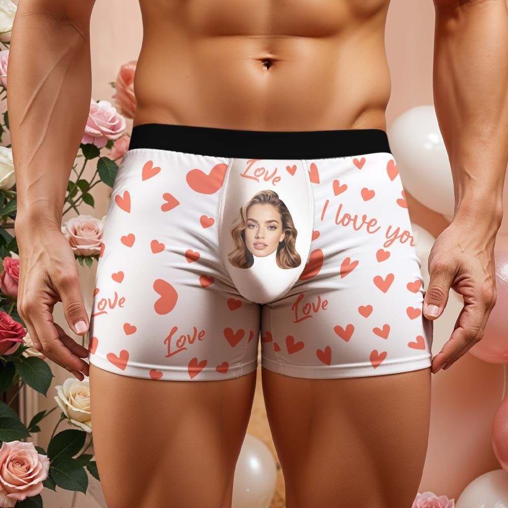 Custom Men's Face Boxer Underwear Personalized Boxer Briefs with Heart Pattern Special Present for Valentine's Day