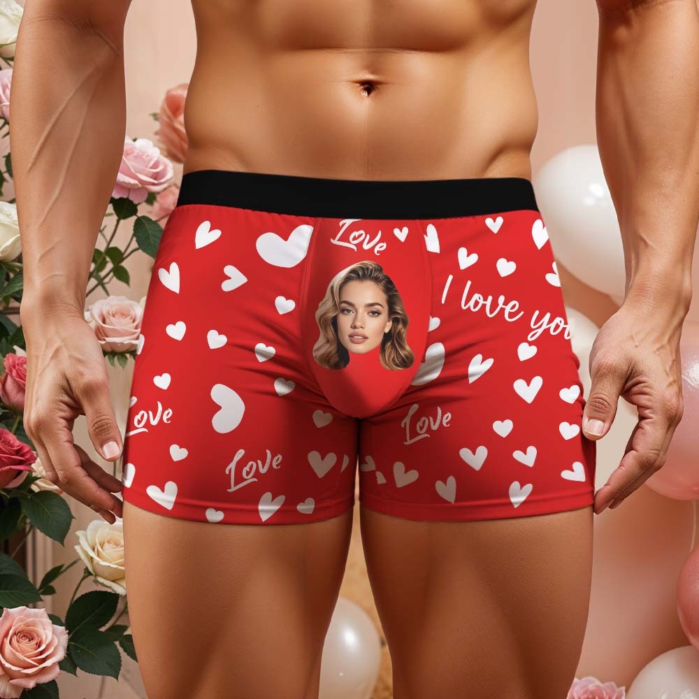Custom Men's Face Boxer Underwear Personalized Boxer Briefs with Heart Pattern Special Present for Valentine's Day