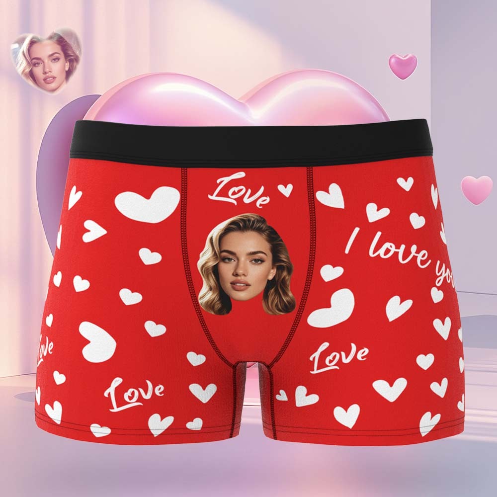 Custom Men's Face Boxer Underwear Personalized Boxer Briefs with Heart Pattern Special Present for Valentine's Day