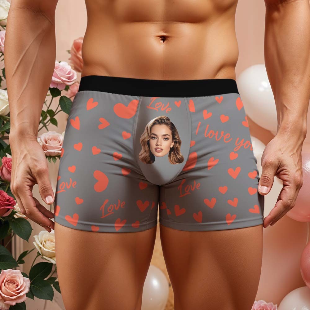 Custom Men's Face Boxer Underwear Personalized Boxer Briefs with Heart Pattern Special Present for Valentine's Day
