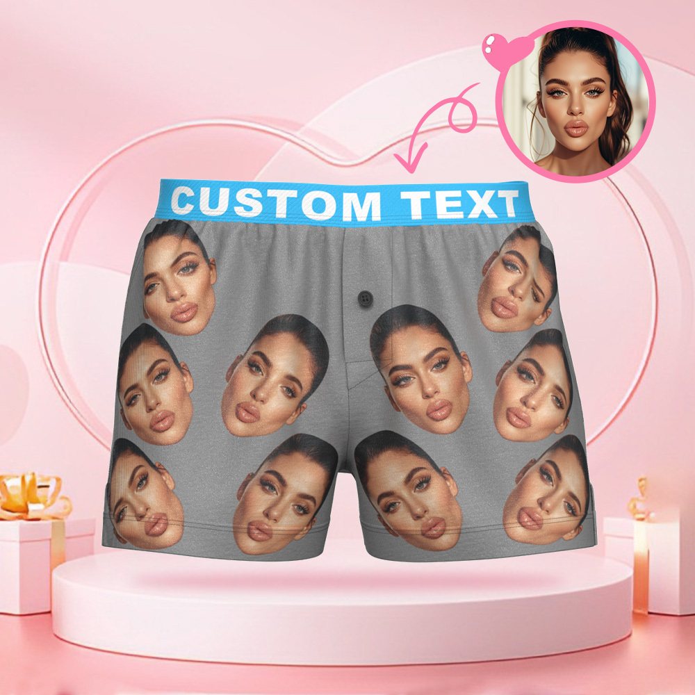 Custom Big Face Boxer Shorts with Personalized Text on the Waistband Personalized Casual Underwear for Him