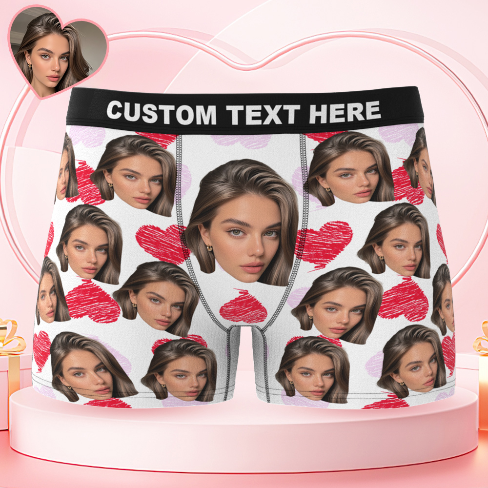 Custom BigFace Boxer Shorts Colorful Waistband Boxer Briefs Red and Pink Hearts Gifts For Him