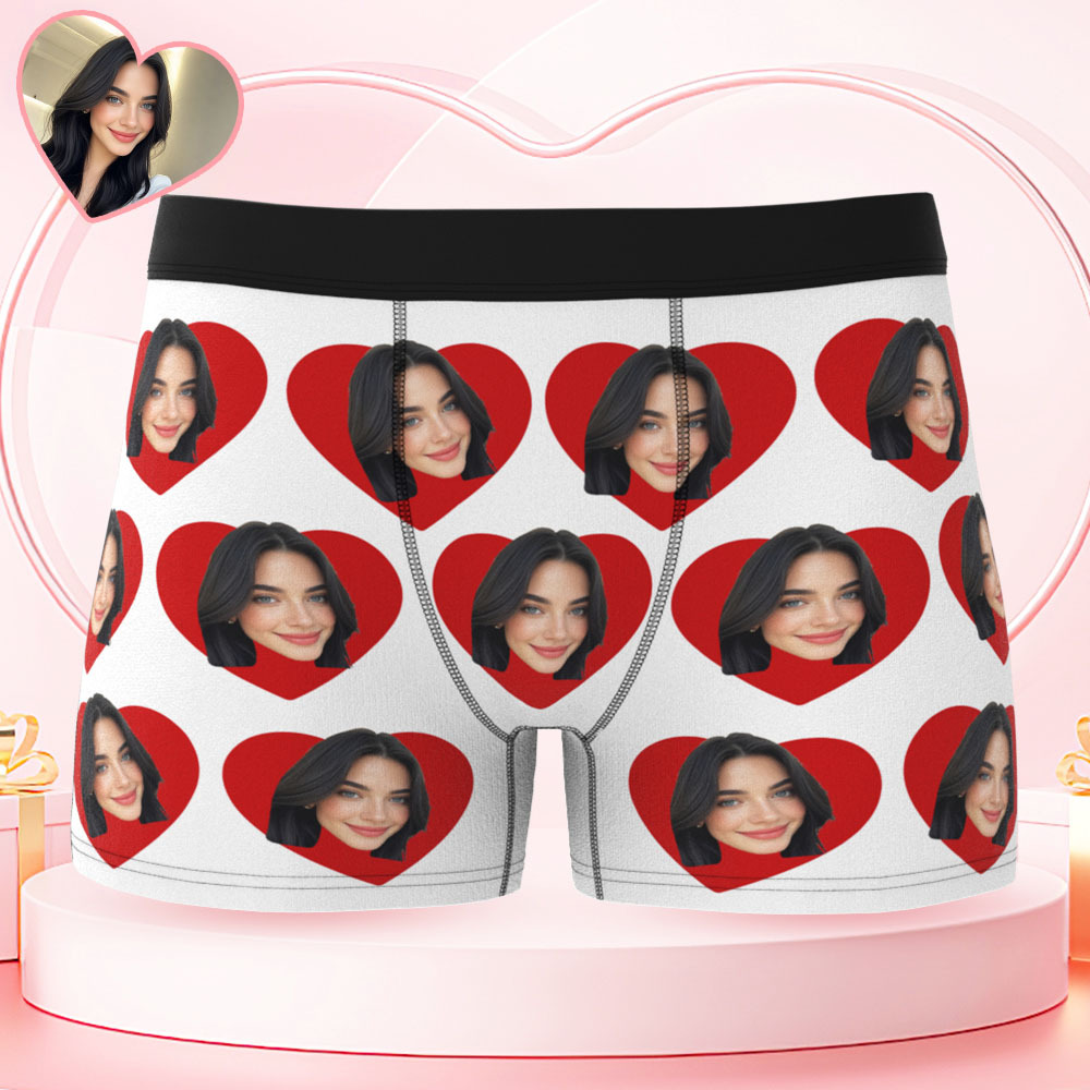 Custom Men's Face Boxers Personalized Photo Love Heart Multicolor Boxer Briefs for Boyfriend Valentine's Day Gift