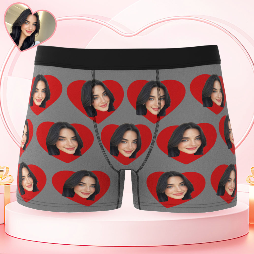 Custom Men's Face Boxers Personalized Photo Love Heart Multicolor Boxer Briefs for Boyfriend Valentine's Day Gift