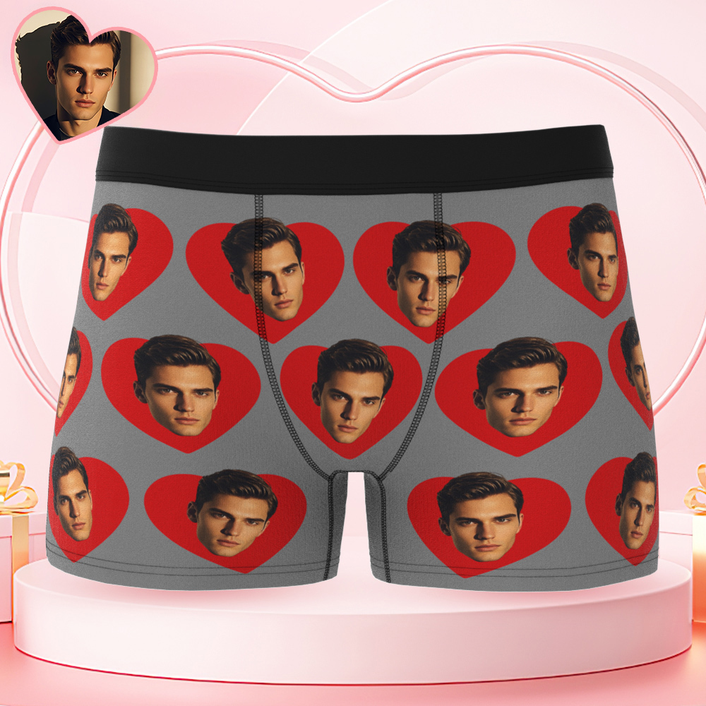 Custom Men's Face Boxers Personalized Photo Love Heart Multicolor Boxer Briefs for Boyfriend Valentine's Day Gift