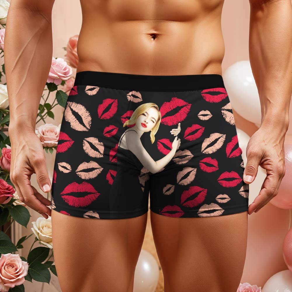 Valentine's Gift Custom Men's Face On Body Boxer Shorts Personalized Red Lips Boxer Briefs
