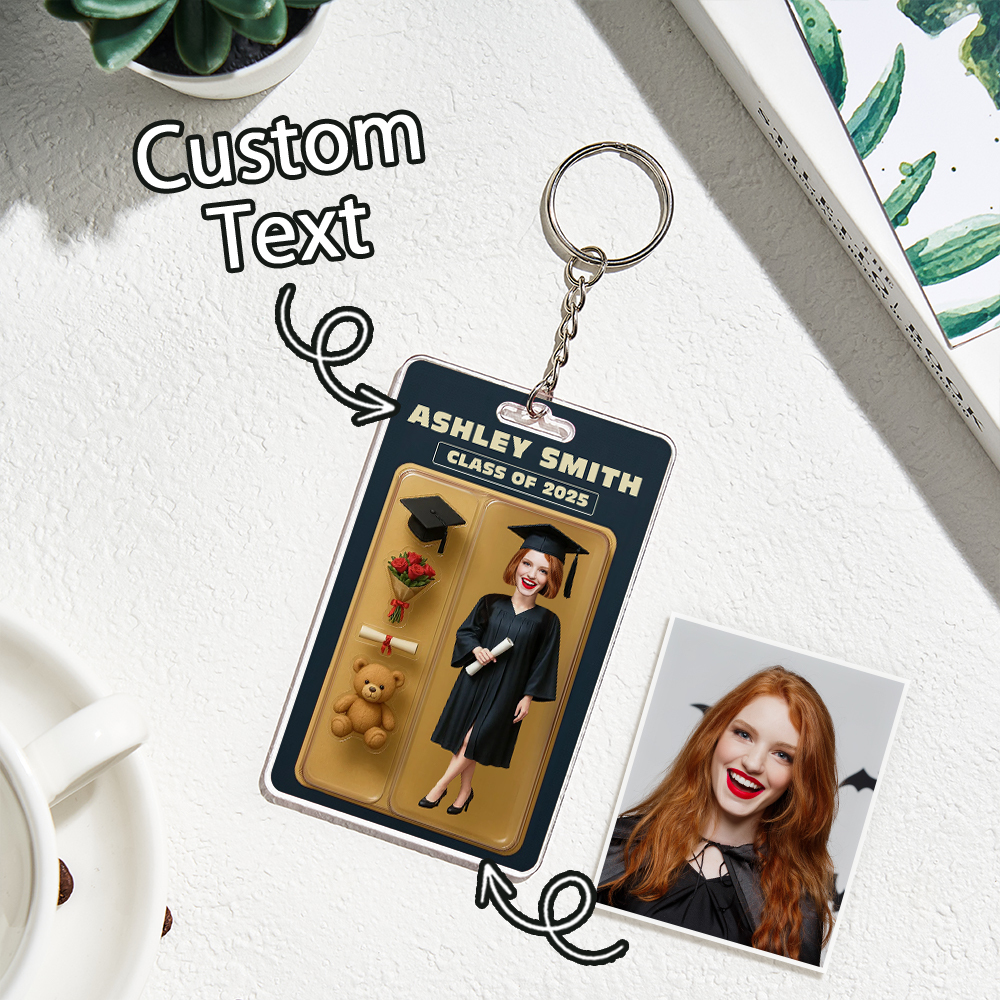 Custom 3D Effect Action Figure Pack Packaging Toy Box Style Art Gift Personalized Acrylic Keychain Gift for Graduates