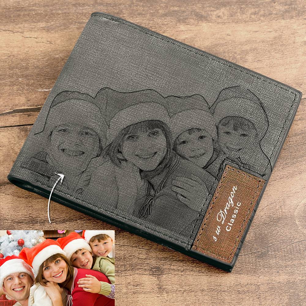Men's Photo Engraved Bifold Photo Wallet - Gray Leather For Him