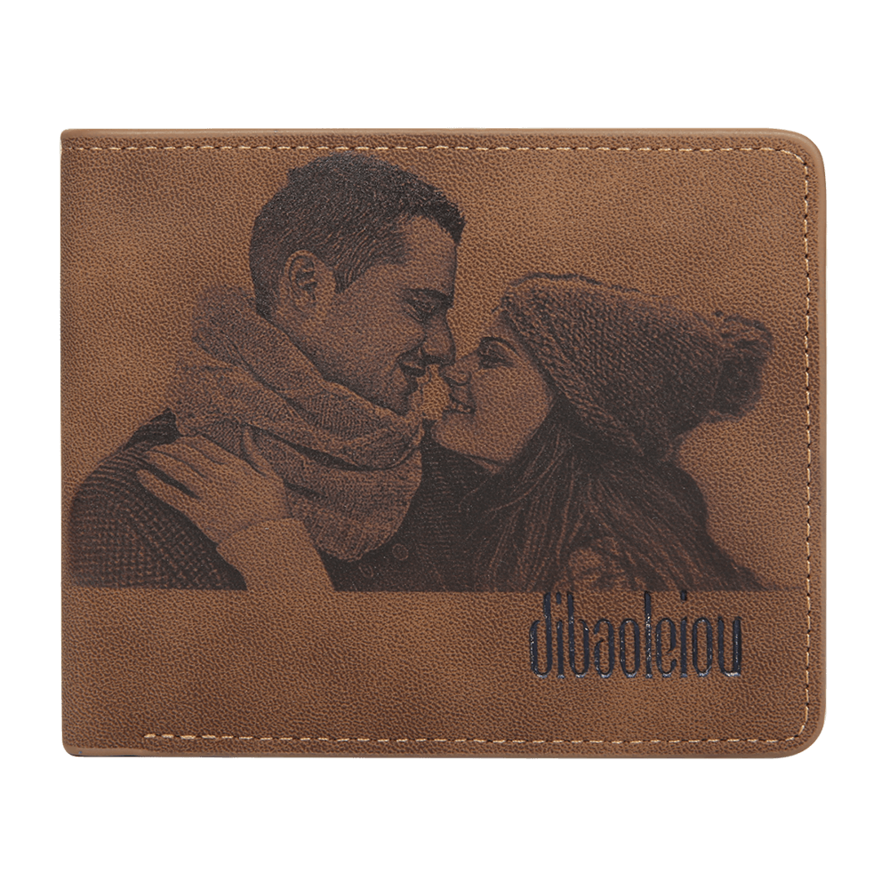 Men's Photo Engraved Bifold Photo Wallet - Brown Leather