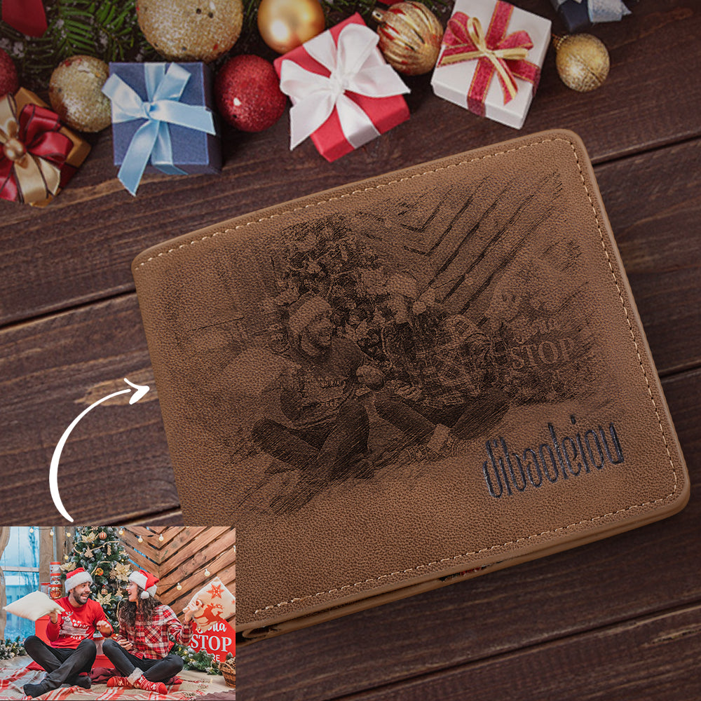 Men's Photo Engraved Bifold Photo Wallet - Brown Leather