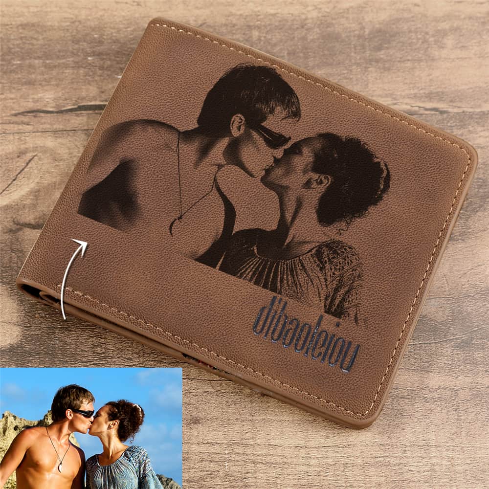 Men's Photo Engraved Bifold Photo Wallet - Brown Leather