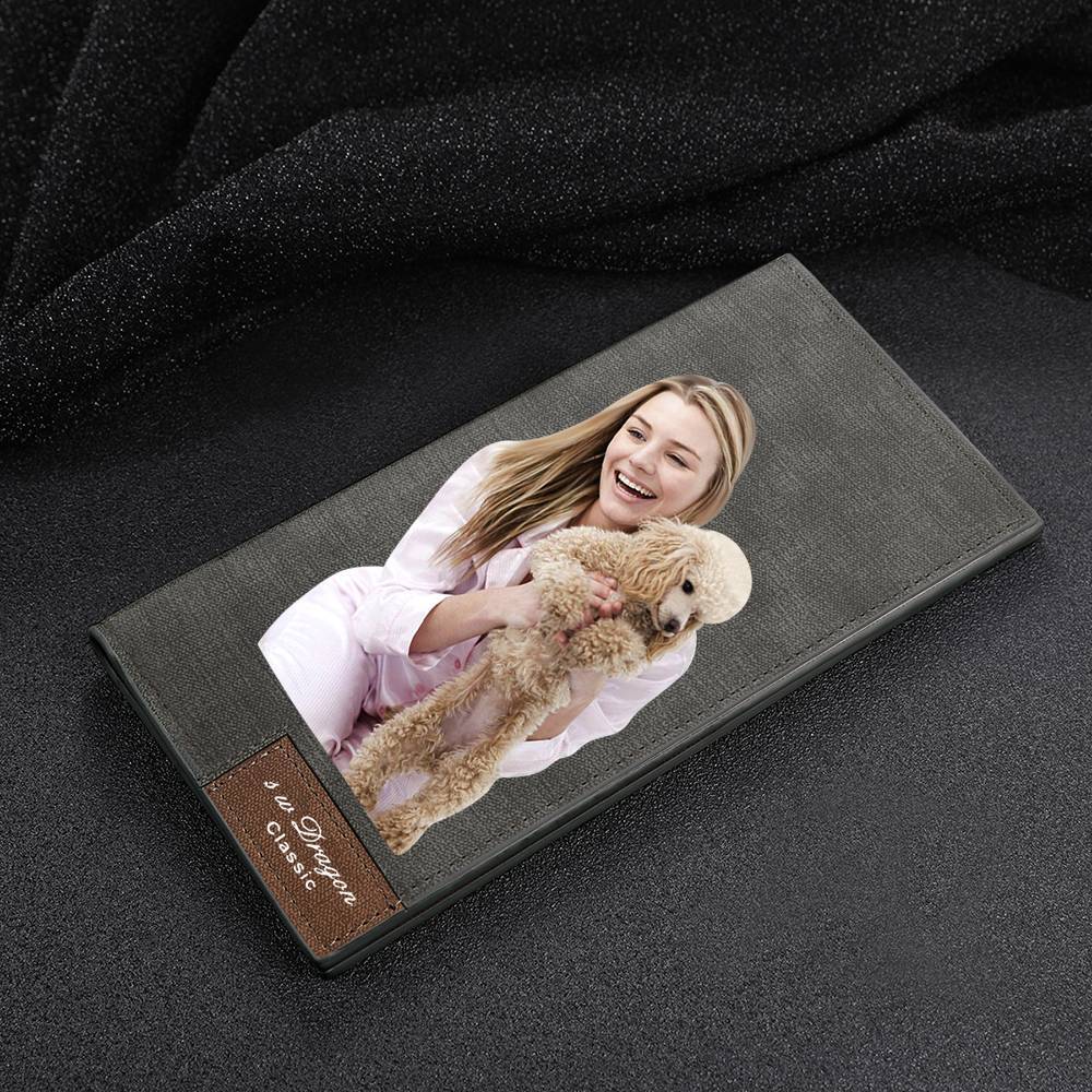 Men's Long Style Bifold Custom Photo Wallet - Grey Leather