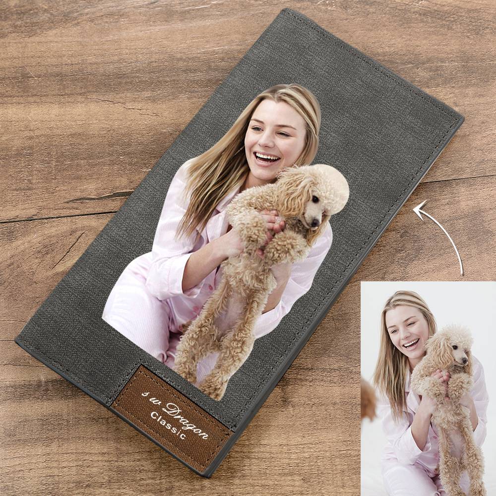 Men's Long Style Bifold Custom Photo Wallet - Grey Leather