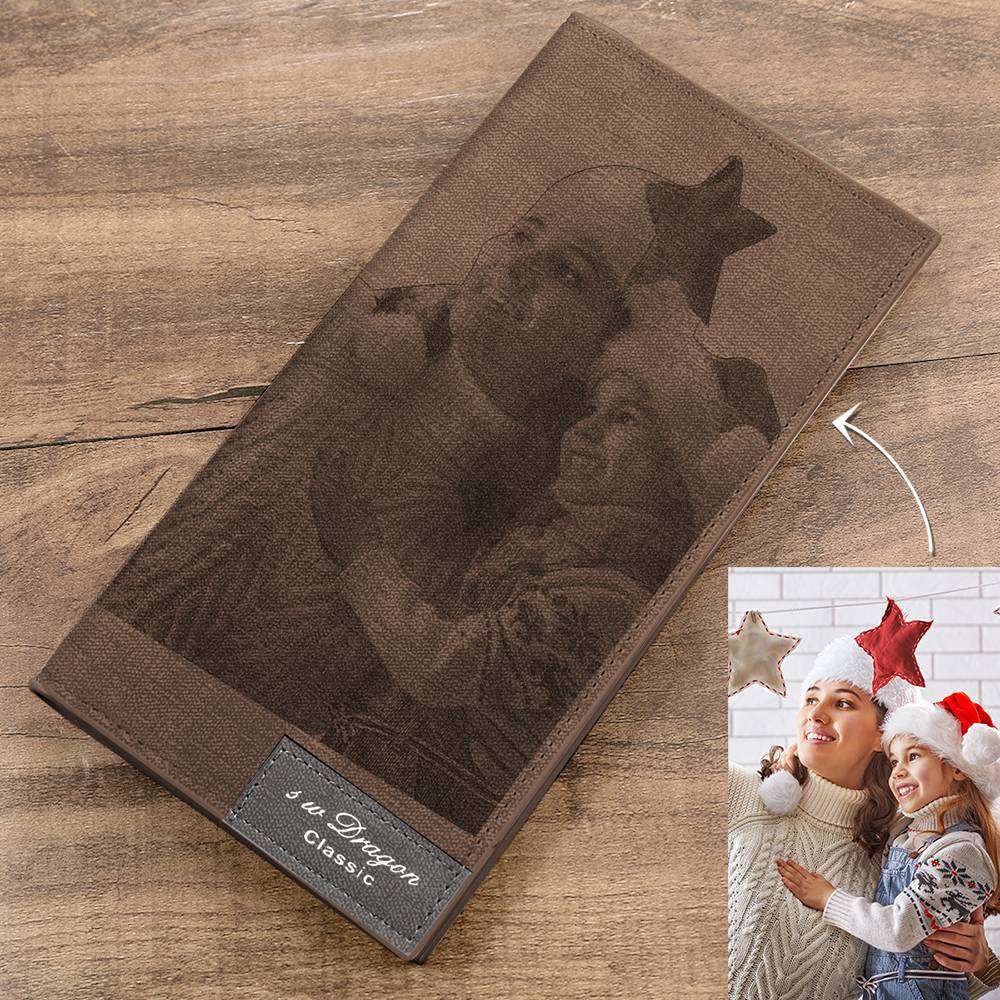 Men's Photo Engraved Long Style Bifold Photo Wallet - Brown Leather For Him