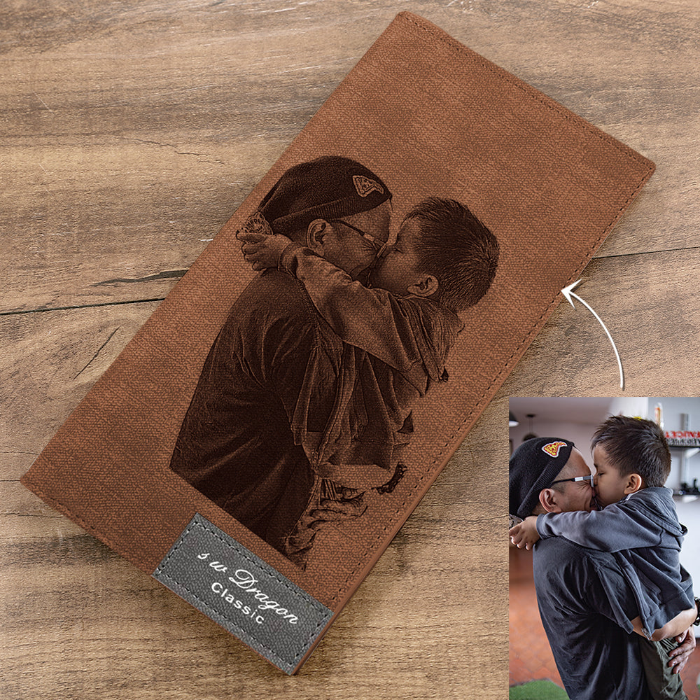 Men's Photo Engraved Long Style Bifold Photo Wallet - Brown Leather For Him