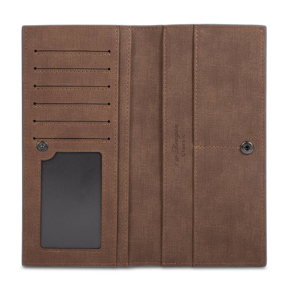 Men's Photo Engraved Long Style Bifold Photo Wallet - Brown Leather