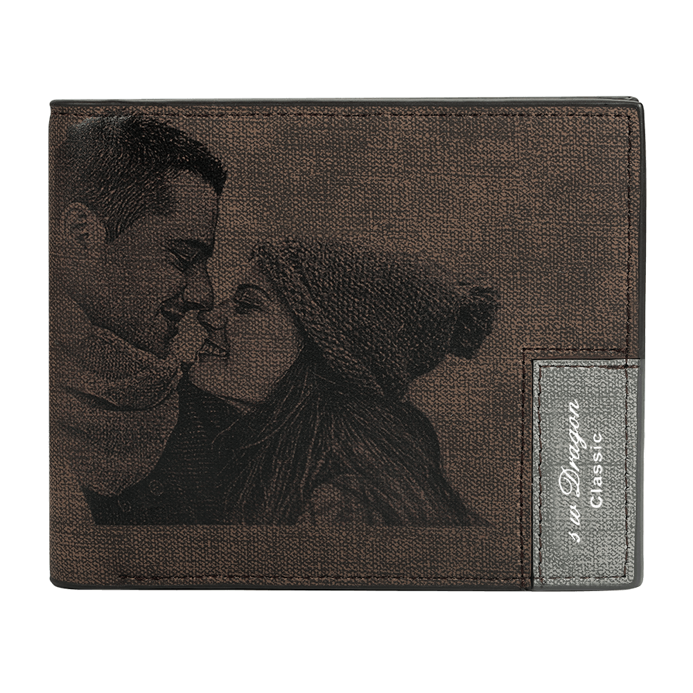 Men's Photo Engraved Bifold Photo Wallet - Brown Leather
