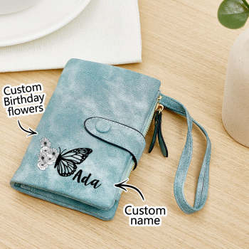 Custom Tri-Fold Butterfly Birth Flower Leather Wallet with Coin Holder Personalized Mother's Day Gift for Woman - NameNecklace