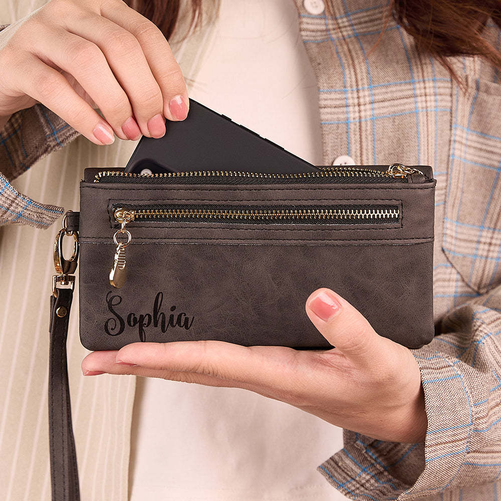 Personalized Leather Wallet with Wristlet Custom Text Wallet Birthday Bridesmaid Gift for Her - NameNecklace