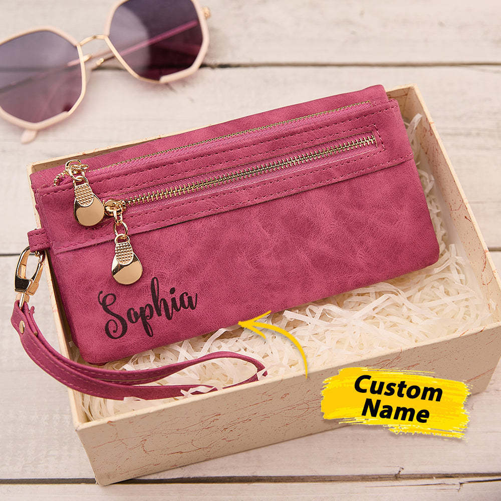 Personalized Leather Wallet with Wristlet Custom Text Wallet Birthday Bridesmaid Gift for Her - NameNecklace