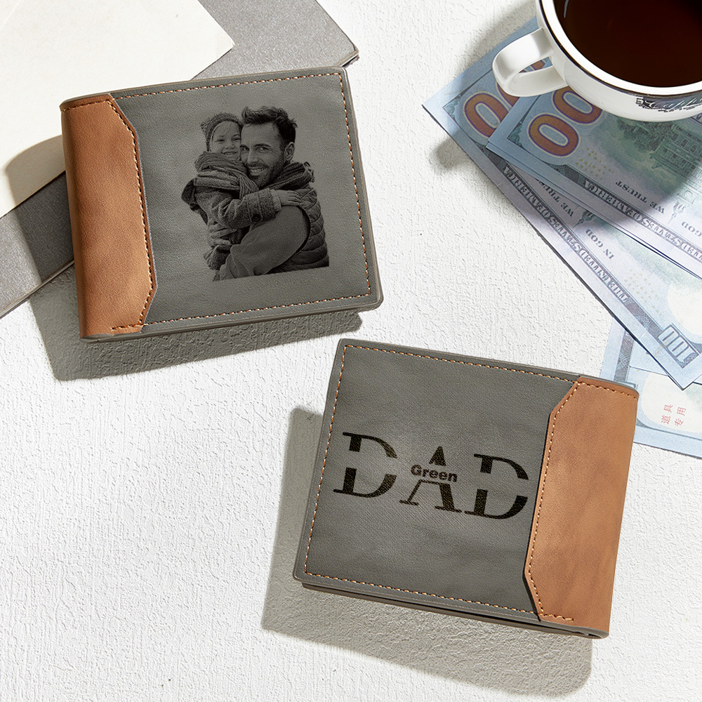 Father's Day Gift Personalized Photo & Name Leather Wallet Custom Engr