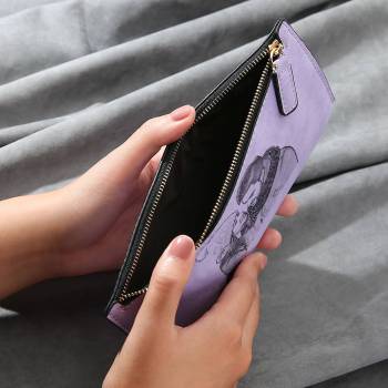 Women's Long Style Custom Inscription Photo Zipper Wallet - Purple Leather