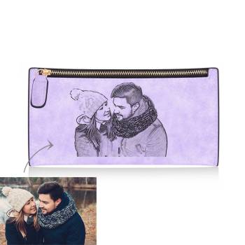 Women's Long Style Custom Inscription Photo Zipper Wallet - Purple Leather