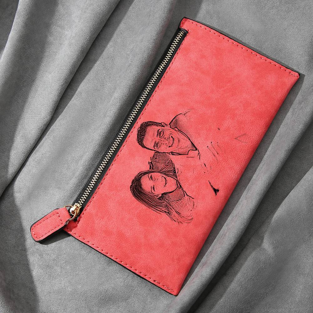 Women's Long Style Custom Inscription Photo Zipper Wallet - Red Leather