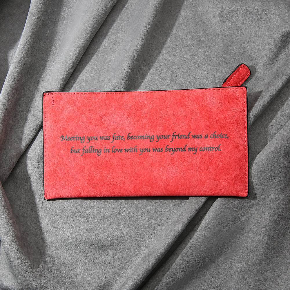 Women's Long Style Custom Inscription Photo Zipper Wallet - Red Leather