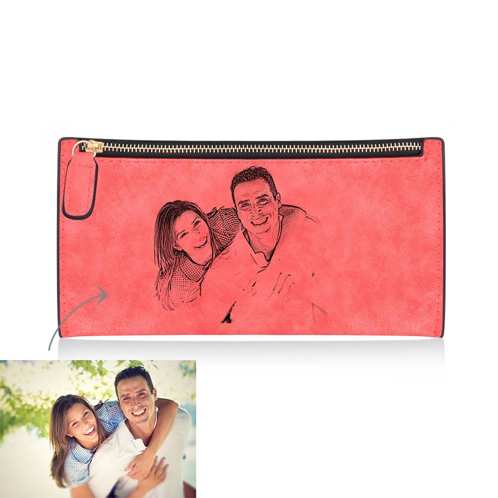 Women's Long Style Custom Inscription Photo Zipper Wallet - Red Leather