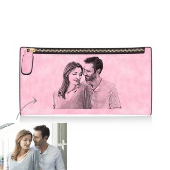 Women's Long Style Custom Inscription Photo Zipper Wallet - Pink Leather