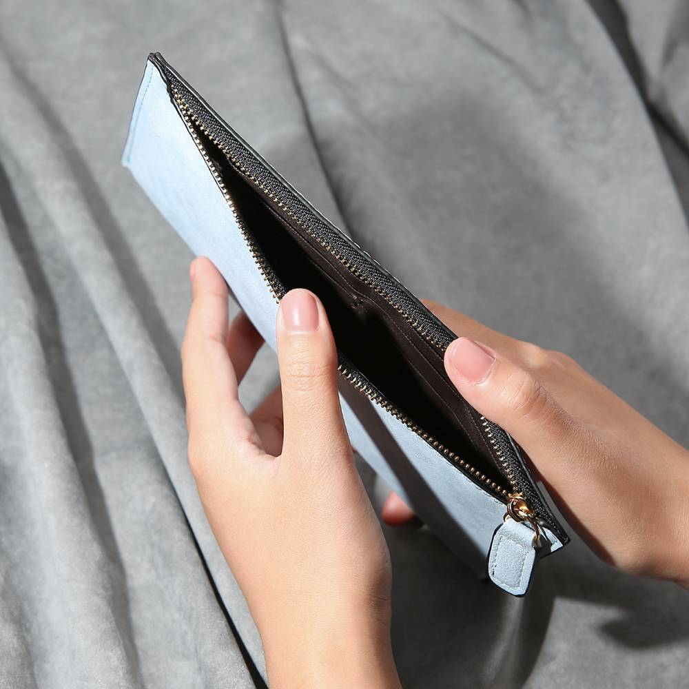 Women's Long Style Custom Inscription Photo Zipper Wallet - Light Blue Leather